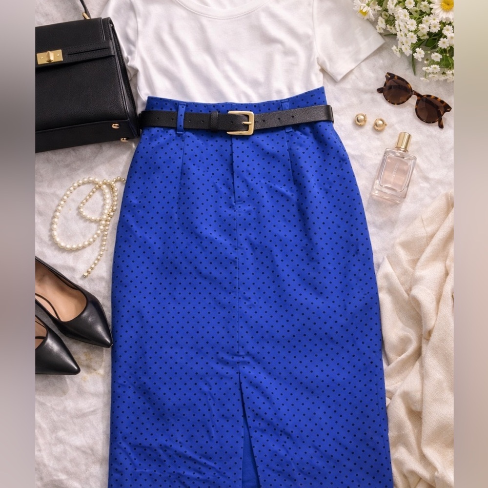 Vintage Jonathan Martin Royal Blue Polkadot Pencil Skirt Size 4